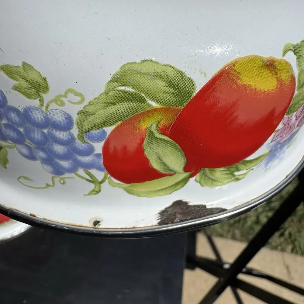 Vintage Apples Grapes Enamelware Nesting Bowl Set 3 White Metal Farmhouse Decor